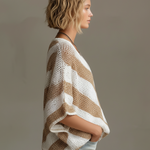 ElevenOra Chic Casual White-Beige Stripes V-neck Short-sleeved Loose-Fit Knit Sweater
