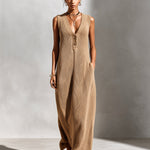 ElevenOra Chic Elegant Camel V-Neck Button-Front Sleeveless Loose-Fit Ribbed Knit Maxi Dress