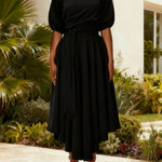 ZEBY™ - Elegant Women's Belted Bishop Sleeve Boat Neck A-Line Dress