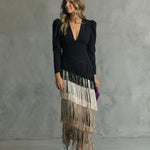 Adley | Elegant Midi Dress with Fringe Sleeves
