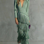 Adley | Elegant Midi Dress with Fringe Sleeves