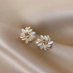 Gold Leaf White Opal Stud Earrings