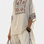 Emiliana | Sophisticated Embroidered Raw Blouse & Wide Pants