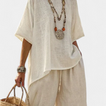 Drevon | Comfortable Minimalist Raw Blouse & Wide-Leg Pants