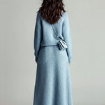 ElevenOra Chic Elegant Blue Stand Collar V Neck Long Sleeve Loose Sweater Patch Pocket Maxi Skirt Fuzzy Knit Two-Piece Set