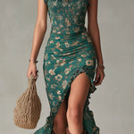 Zara | Bohemian Floral Ruched Maxi Dress with Side Slit