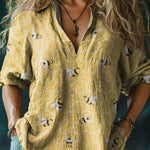 Women's Lovely Bee Art Print Casual Linen V-neck Shirt
