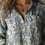Vintage Floral Pattern Printed Women's Casual Long Sleeve Comfortable Cotton Shirt