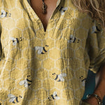 Women's Lovely Bee Art Print Casual Linen V-neck Shirt
