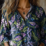 Lavender Repeat Pattern Printed Women's Casual Long Sleeve Comfortable Cotton Shirt