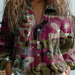 Abstract Shape And Line Pattern Printed Women's Casual Long Sleeve Comfortable Cotton Shirt
