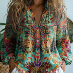 Women's Vintage Lovely Floral Art Print Casual Long Sleeve Comfortable Cotton Shirt