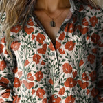 Summer Poppy Floral Pattern Printed Women's Casual Long Sleeve Comfortable Cotton Shirt