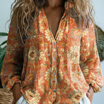 Women's Vintage Lovely Floral Art Print Casual Long Sleeve Comfortable Cotton Shirt