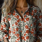 Summer Poppy Floral Pattern Printed Women's Casual Long Sleeve Comfortable Cotton Shirt