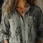Vintage Style Spring Floral Pattern Printed Women's Casual Long Sleeve Comfortable Cotton Shirt