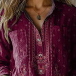 Simple Ethnic Floral Pattern Printed Women's Casual Long Sleeve Comfortable Cotton Shirt