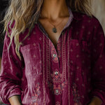Simple Ethnic Floral Pattern Printed Women's Casual Long Sleeve Comfortable Cotton Shirt