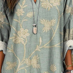 Women's Vintage Lovely Floral Art Print Casual Linen V-neck Shirt