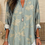 Women's Vintage Lovely Floral Art Print Casual Linen V-neck Shirt