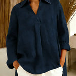 Women's Solid Color V-neck Long-sleeved Casual Loose Cotton And Linen Top