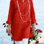 Women's Solid Color Lapel Long-sleeved Casual Loose Cotton And Linen Tunic Top