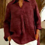 Women's Solid Color V-neck Long-sleeved Casual Loose Cotton And Linen Top