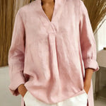 Women's Solid Color V-neck Long Sleeve Casual Loose Cotton Top