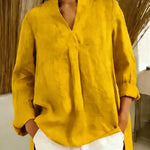 Women's Solid Color V-neck Long Sleeve Casual Loose Cotton Top