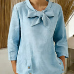 Women's Solid Color V-neck Bow Tie Three-quarter Sleeve Casual Loose Cotton Linen Top