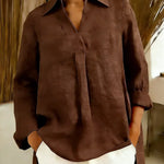 Women's Solid Color V-neck Long-sleeved Casual Loose Cotton And Linen Top