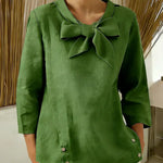 Women's Solid Color V-neck Bow Tie Three-quarter Sleeve Casual Loose Cotton Linen Top