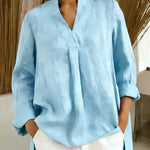 Women's Solid Color V-neck Long Sleeve Casual Loose Cotton Top