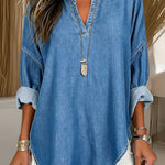 Women's V-neck Long-sleeved Casual Loose Denim Top