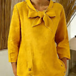 Women's Solid Color V-neck Bow Tie Three-quarter Sleeve Casual Loose Cotton Linen Top