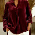 Women's Solid Color V-neck Long Sleeve Casual Loose Velvet Top