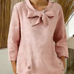 Women's Solid Color V-neck Bow Tie Three-quarter Sleeve Casual Loose Cotton Linen Top