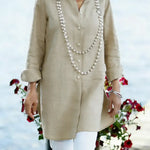 Women's Solid Color Lapel Long-sleeved Casual Loose Cotton And Linen Tunic Top