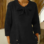 Women's Solid Color V-neck Bow Tie Three-quarter Sleeve Casual Loose Cotton Linen Top