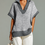 ElevenOra Fashion Casual Beige Stand-Collar Colorblock Loose Sleeveless Knit Vest