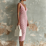 ElevenOra Chic Elegant Pink V-Neck Sleeveless Slim-Fit Hollow-Out Knit Midi Dress